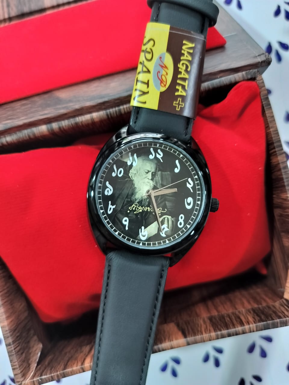 Rabindranath Tagore Themed Bengali Dial Wrist Watch - Black Solid Leather Straps [40 mm dial]