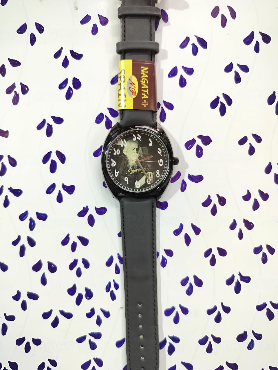 Rabindranath Tagore Themed Bengali Dial Wrist Watch - Black Solid Leather Straps [40 mm dial]