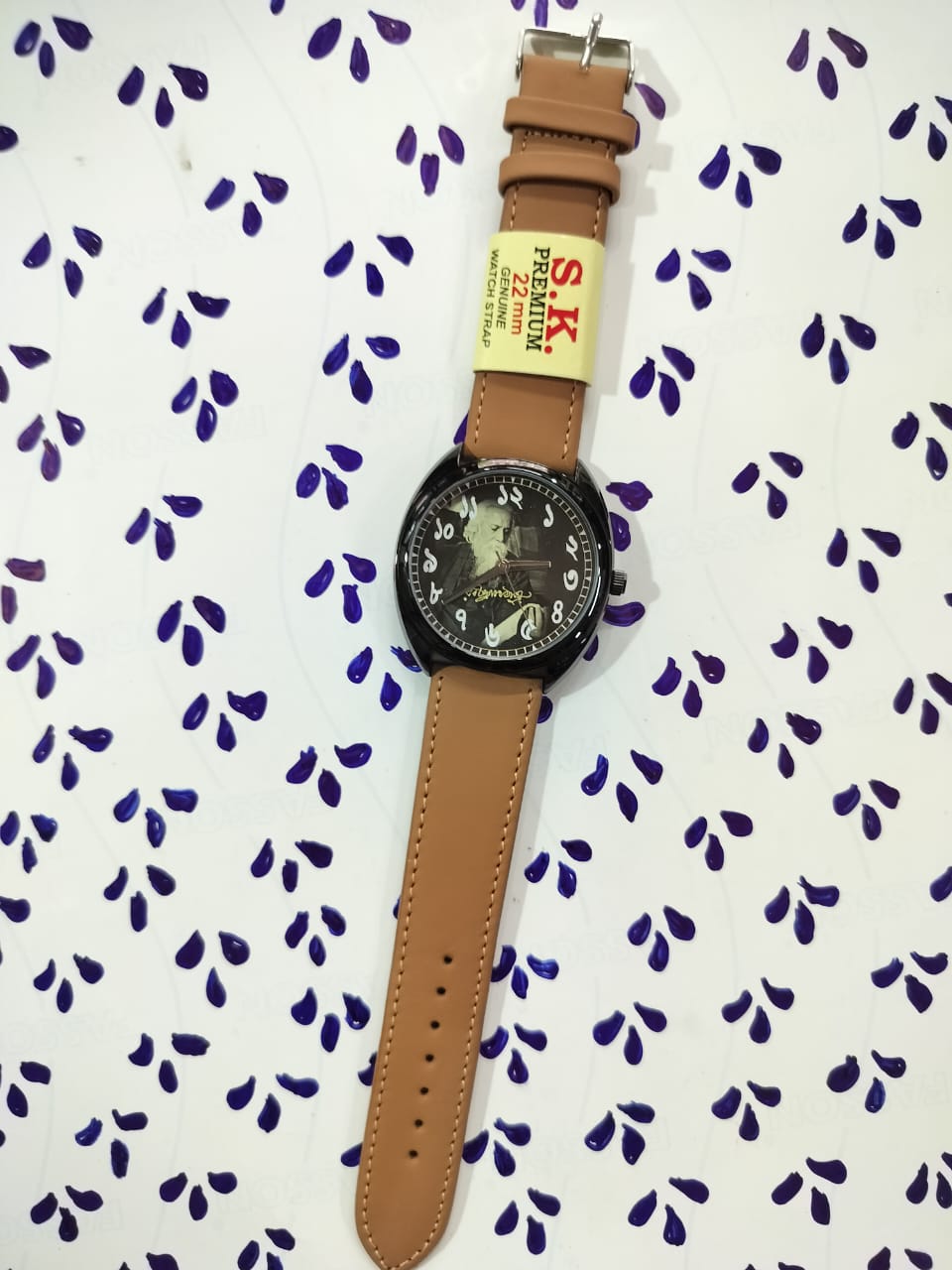 Rabindranath Tagore Themed Bengali Dial Wrist Watch - Beige Leather Straps [40 mm dial]