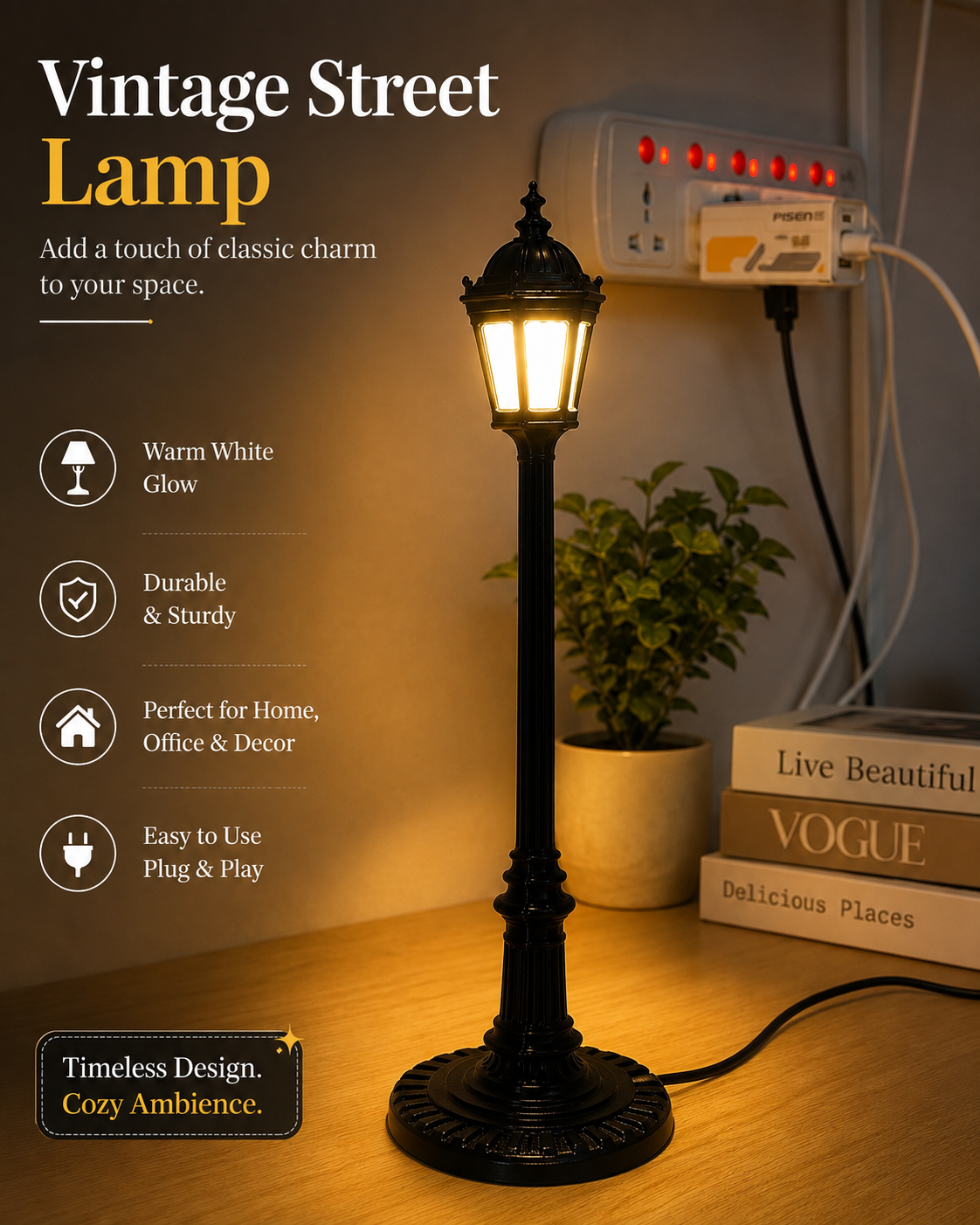 Vintage Street Lamp Table Light – 30 cm Warm White Decorative Wired Lamp