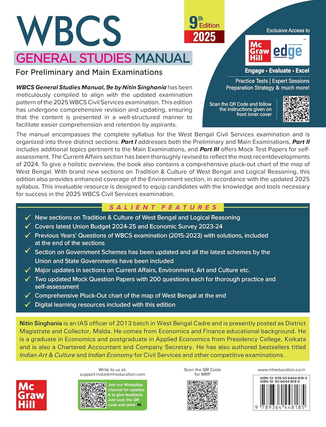 WBCS General Studies Manual, 9e 2025-26 by Nitin Singhania (IAS) | West Bengal Civil Services (Prelims & Main exams)| WBPSC | Solved Previous Years’ Questions (2015-2023) | Pluck-Out Chart
