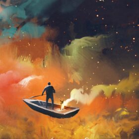 man on a boat in the outer space
